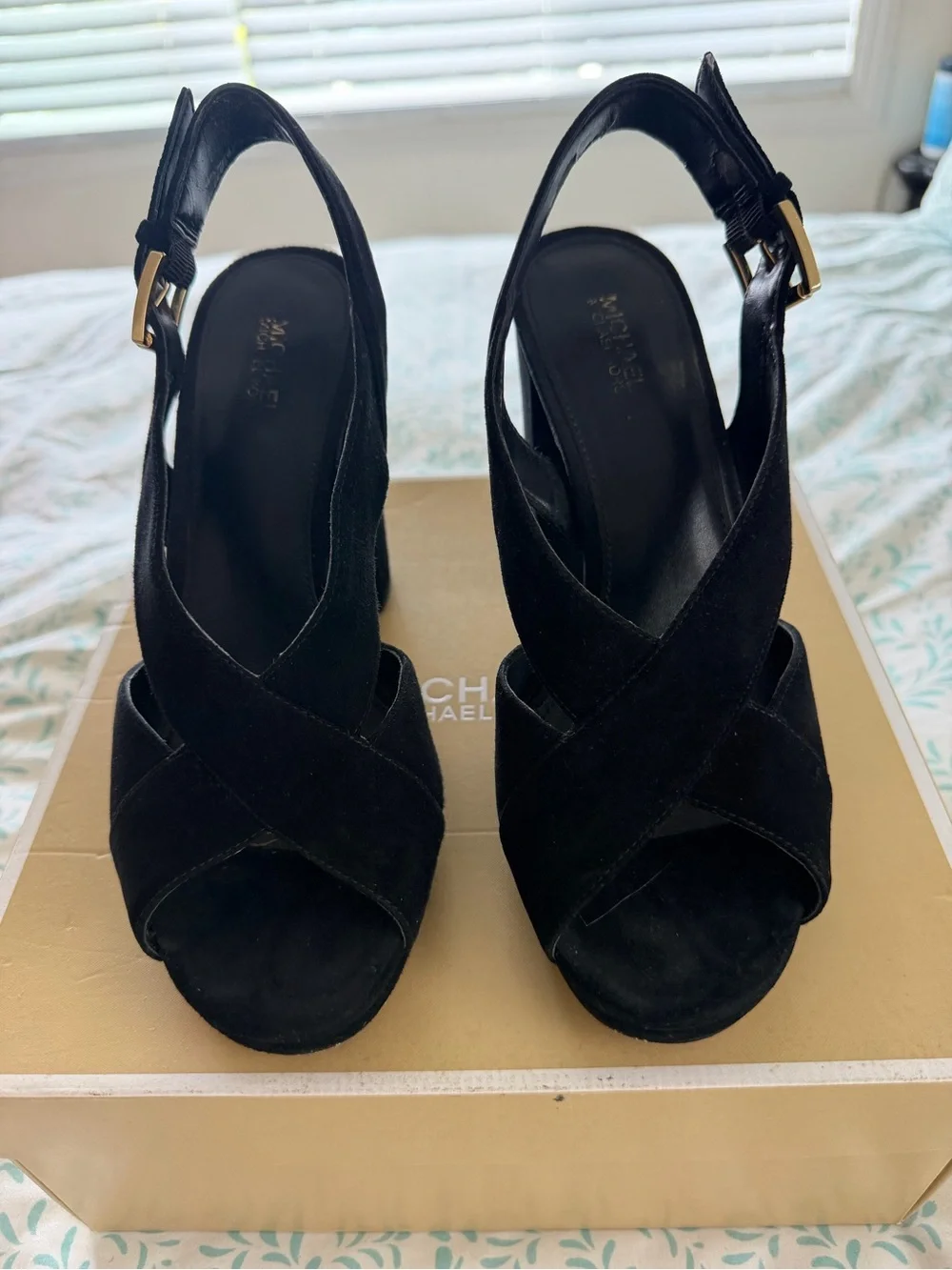 Michael Kors Becky Platform Black Suede Crisscross Wedge Sandals